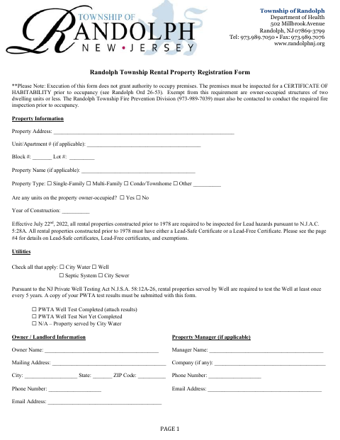 First page of the Rental Property Registration Form
