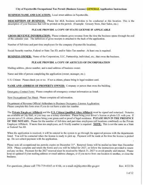 First page of the General Occupational Tax Permit Application