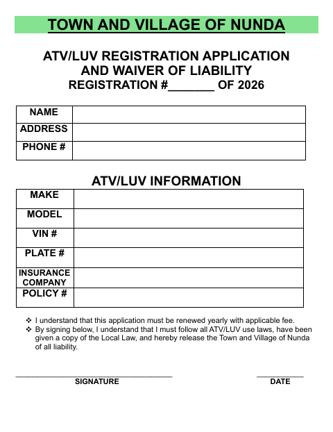First page of the ATV/LUV Registration Application and Waiver of Liability