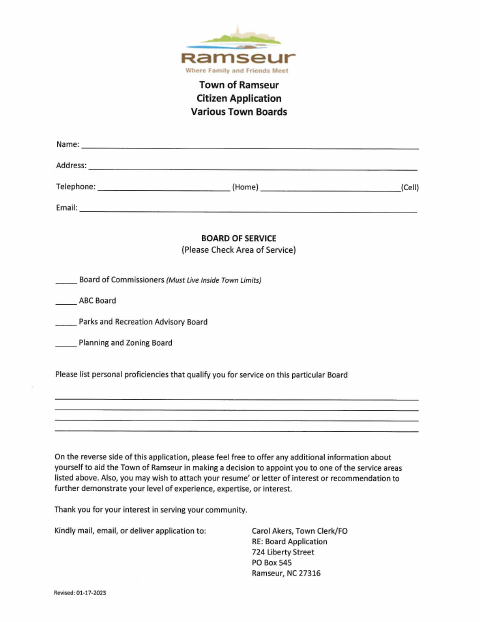 First page of the Citizen Application for Town Boards