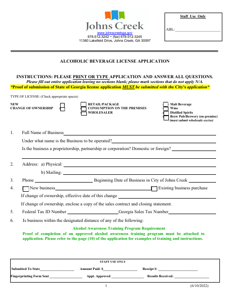 First page of the New Alcoholic Beverage License Application