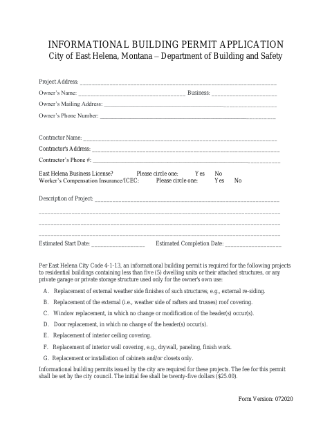 First page of the Informational Building Permit Application