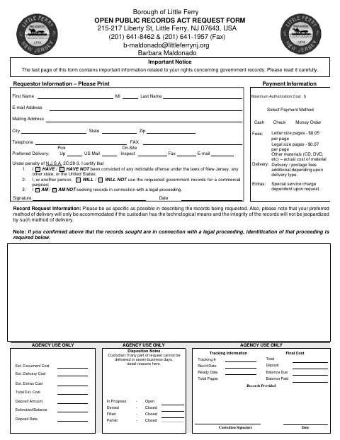 First page of the Open Public Records Act Request Form