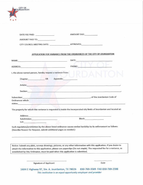 First page of the Variance Application