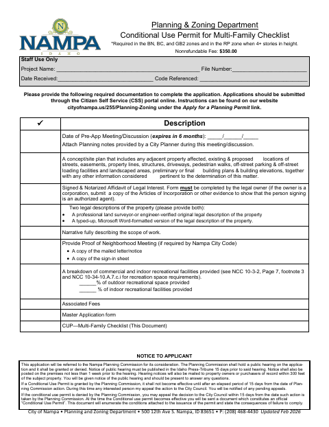 First page of the Conditional Use Permit for Multi-Family Checklist