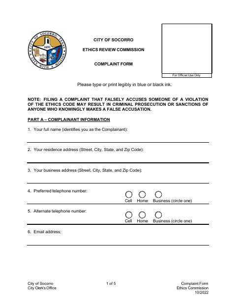 First page of the Ethics Commission Complaint Form
