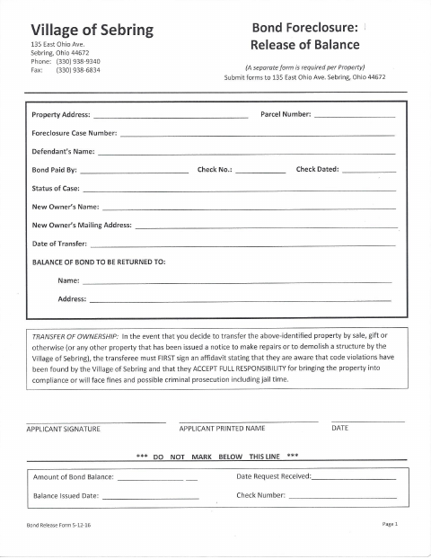 First page of the Bond Foreclosure Release of Balance