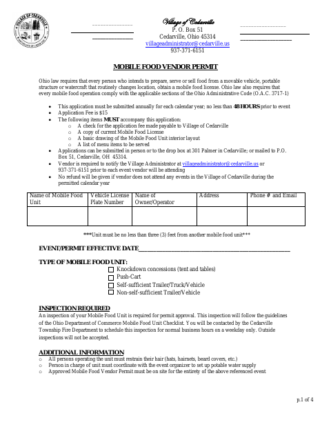First page of the Mobile Food Vendor Permit