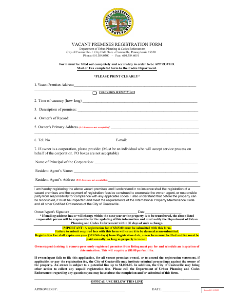 First page of the Vacant Premises Registration Form