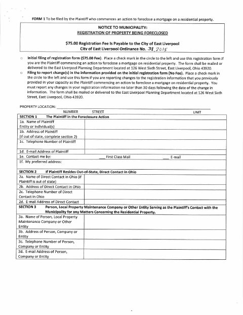 First page of the Foreclosure Property Registration Form
