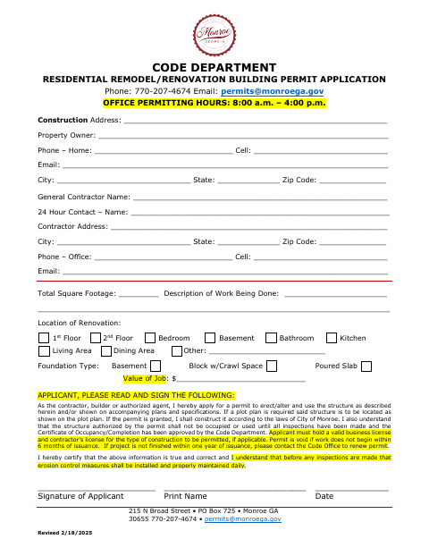 First page of the Residential Remodel/Renovation Building Permit Application