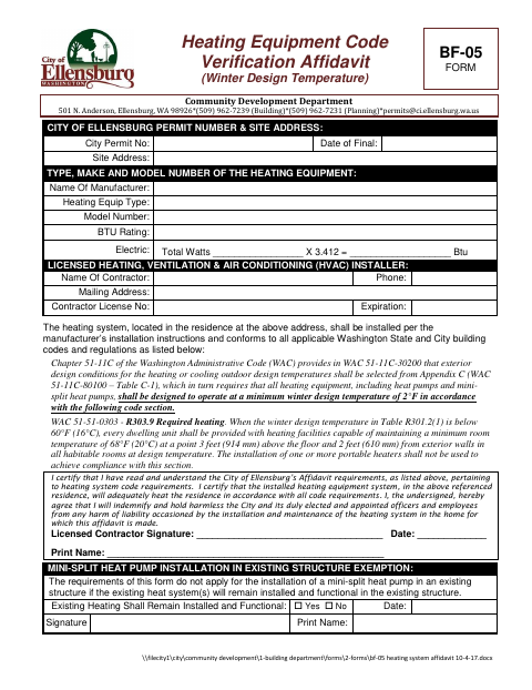 First page of the Heating Equipment Code Verification Affidavit (Winter Design Temperature)