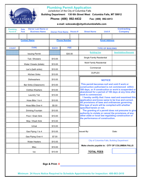 First page of the Plumbing Permit Application