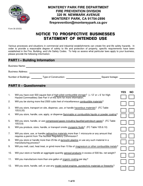 First page of the Notice to Prospective Businesses Statement of Intended Use