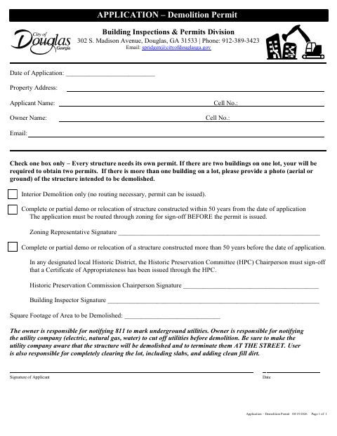 First page of the Demolition Permit Application