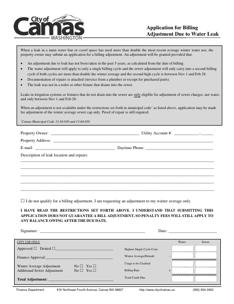 First page of the Application for Billing Adjustment Due to Water Leak