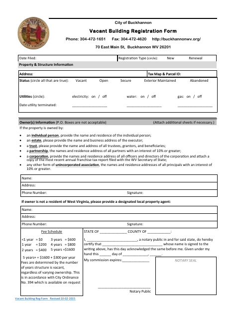 First page of the Vacant Building Registration Form