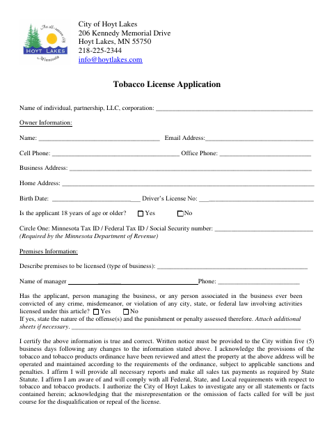 First page of the Tobacco License Application