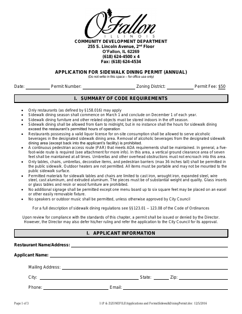 First page of the Application for Sidewalk Dining Permit