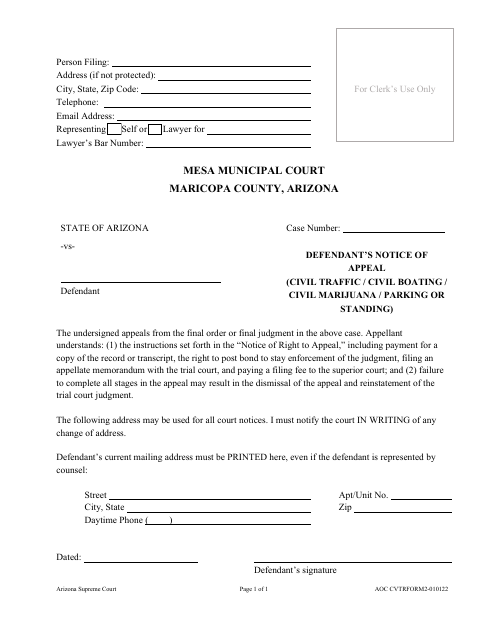 First page of the Defendant’s Notice of Appeal (Civil Traffic / Civil Boating / Civil Marijuana / Parking or Standing)