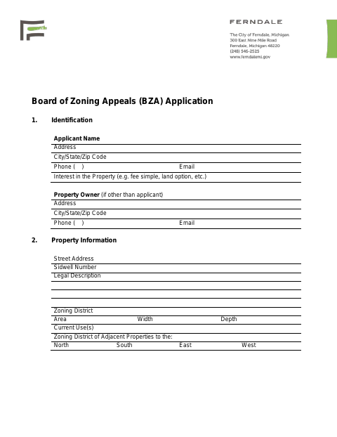 First page of the Board of Zoning Appeals (BZA) Application