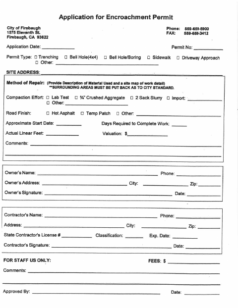 First page of the Encroachment Permit Application