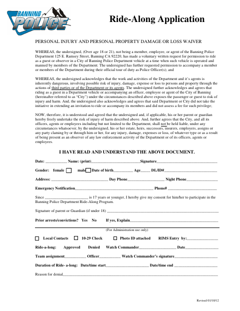 First page of the Ride-Along Application
