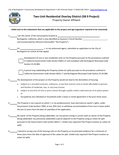 First page of the SB 9 Property Owner Affidavit