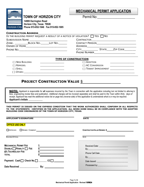 First page of the Mechanical Permit Application