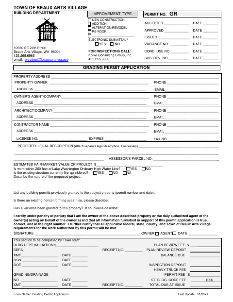 First page of the Grading Permit Application