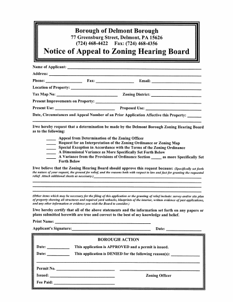 First page of the Notice of Appeal to Zoning Hearing Board