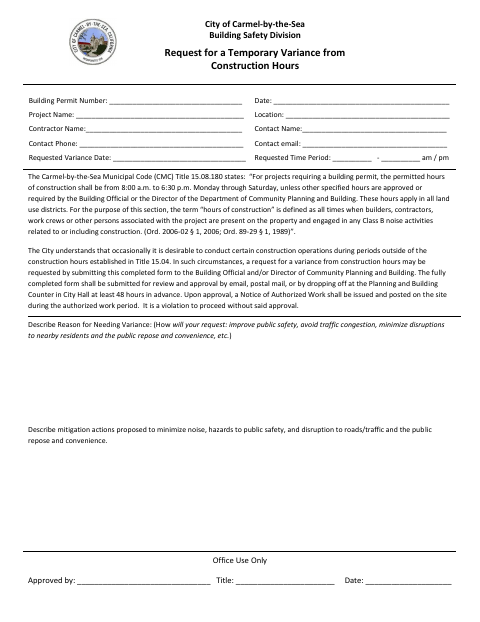 First page of the Request for a Temporary Variance from Construction Hours