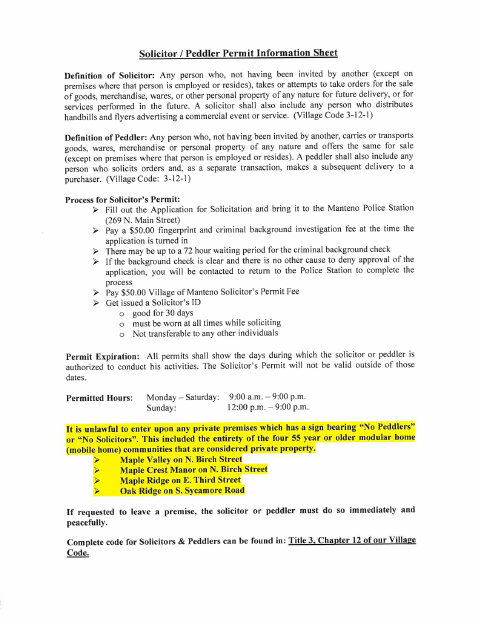 First page of the Solicitor/Peddler Permit Application