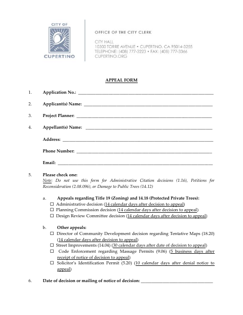 First page of the Appeal Form