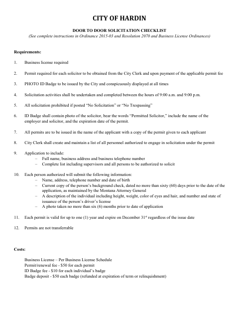 First page of the Door-to-Door Solicitation Permit Affidavit