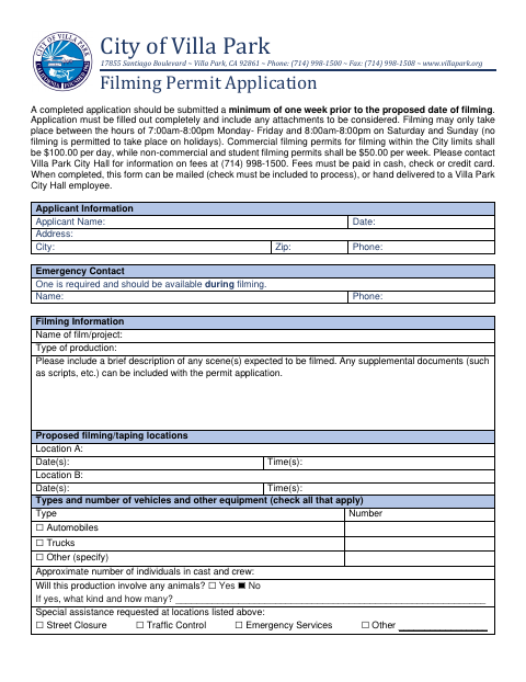First page of the Filming Permit Application