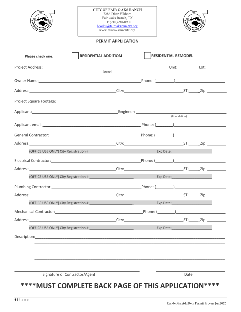 First page of the Residential Addition/Remodel Permit Application