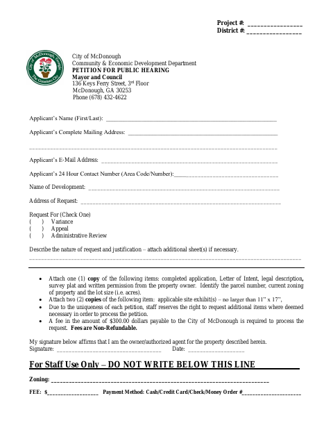 First page of the Petition for Public Hearing (Mayor and City Council)
