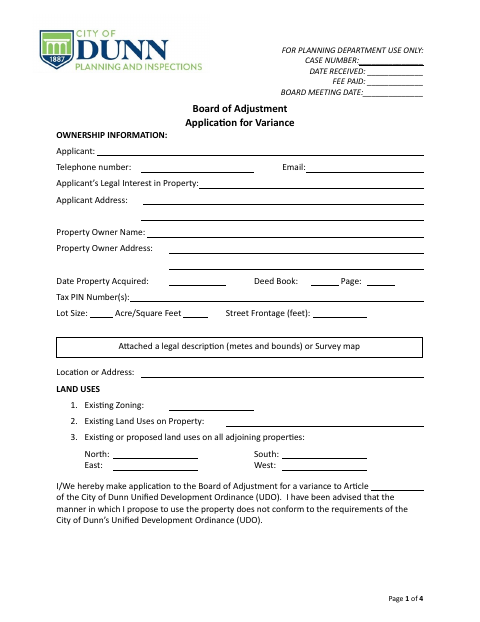First page of the Board of Adjustment Application for Variance