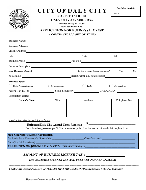 First page of the Business License Application for Contractors and Out-of-Town Businesses