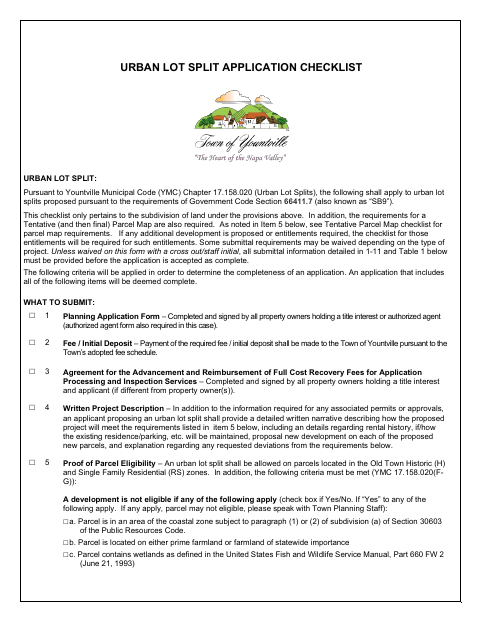 First page of the Urban Lot Split (SB 9) Application Checklist