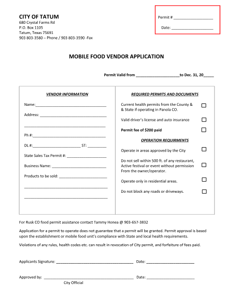 First page of the Mobile Food Vendor Application