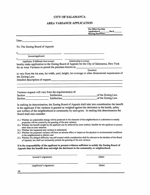 First page of the Area Variance Application