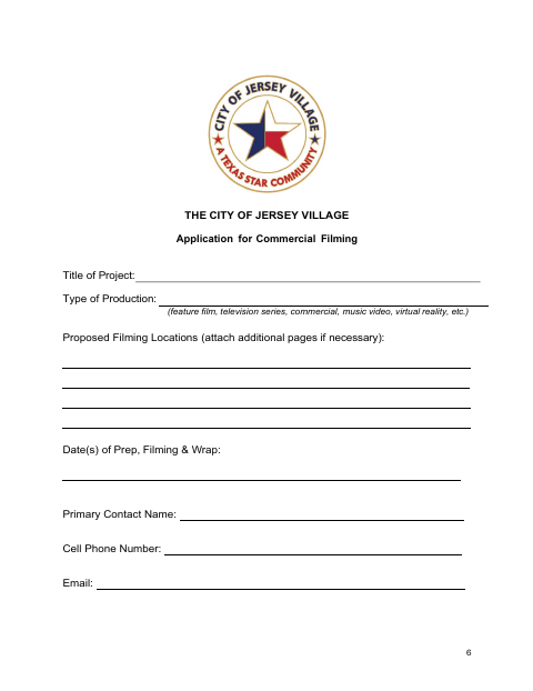 First page of the Application for Commercial Filming