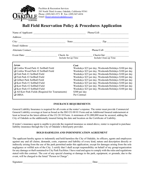 First page of the Ball Field Reservation Policy & Procedures Application