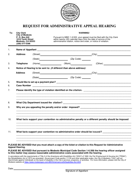 First page of the Request for Administrative Appeal Hearing
