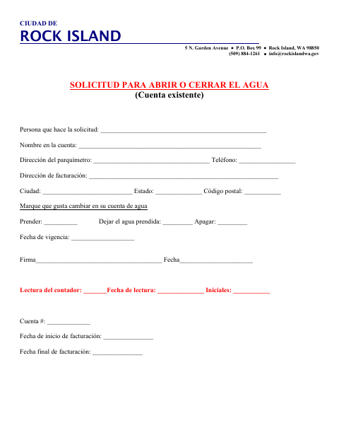 First page of the Solicitud Para Abrir O Cerrar El Agua (Cuenta Existente)