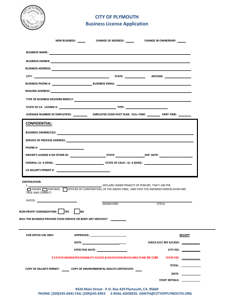First page of the Business License Application