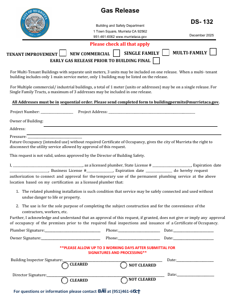 First page of the Release for Gas