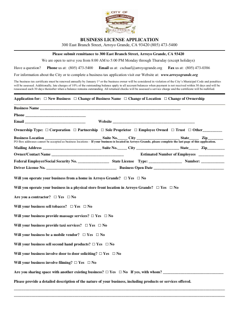 First page of the Business License Application